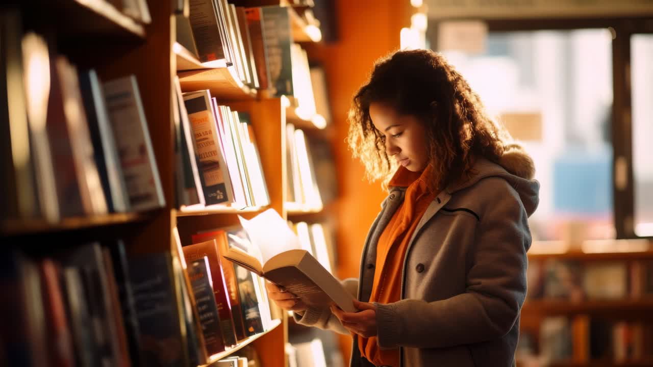 Cena de vídeo acolhedora e aconchegante de uma mulher lendo em uma biblioteca, capturada de um ângulo lateral com suavidade