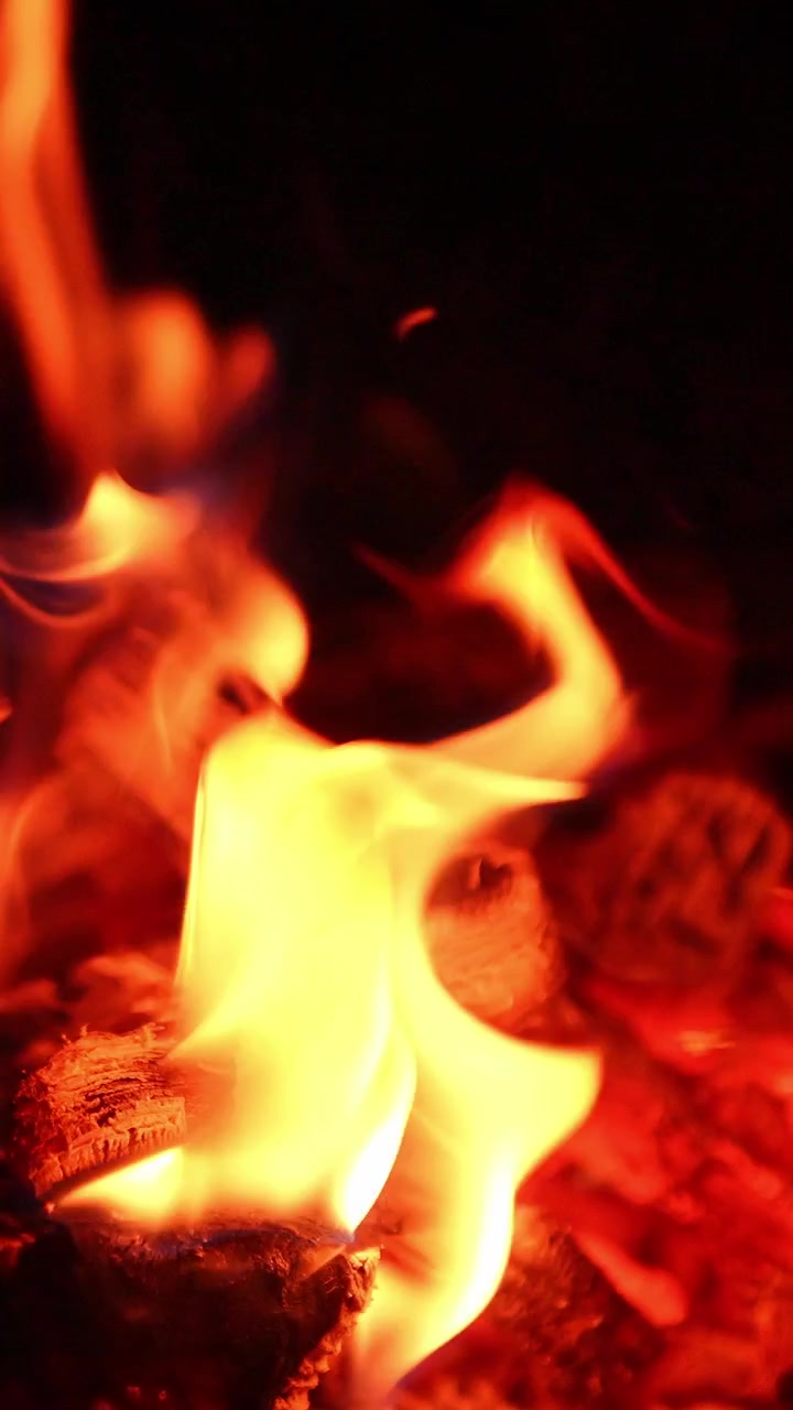 Trozos de madera ardiendo en la hoguera. Vista hipnotizante de las pequeñas llamas moviéndose con el viento. Primer plano. Video vertical.