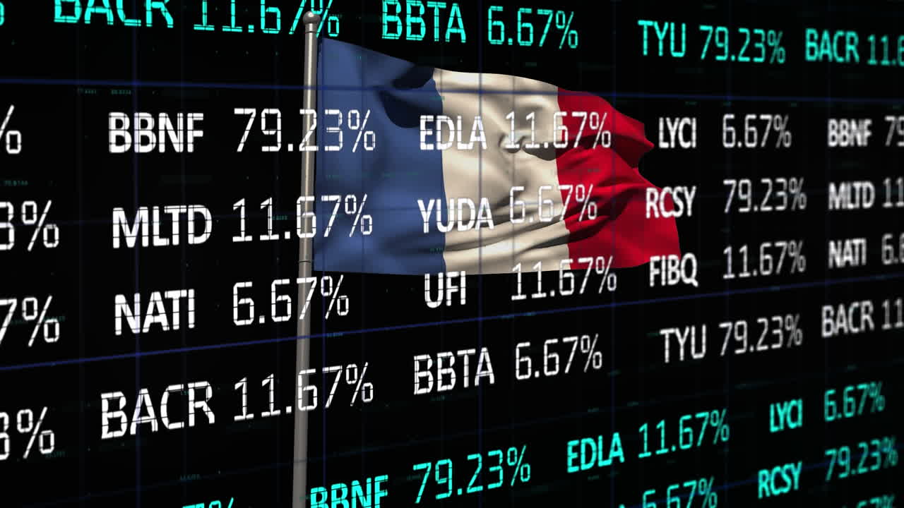 animación del procesamiento de datos financieros sobre la bandera de francia.