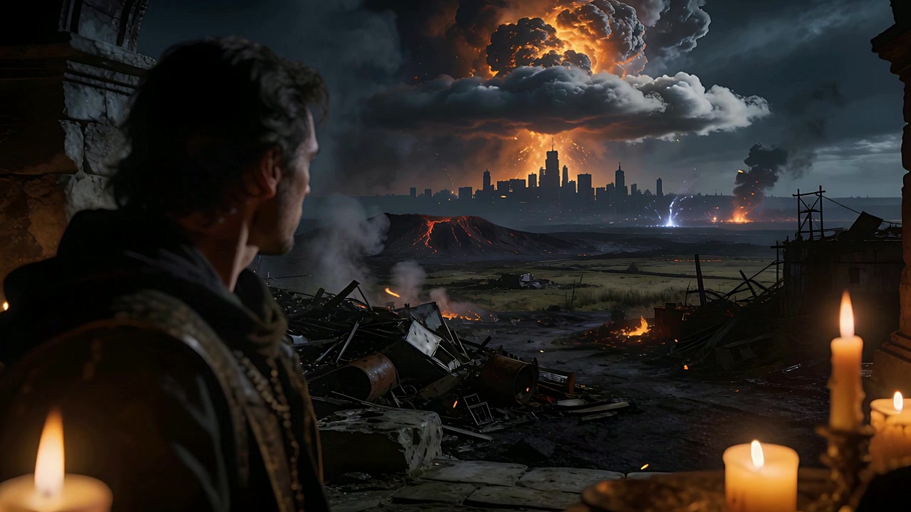 Observando a un hombre encapuchado girando hacia una nube naranja eruptiva que se forma sobre la ciudad desde un arco de piedra, con velas.