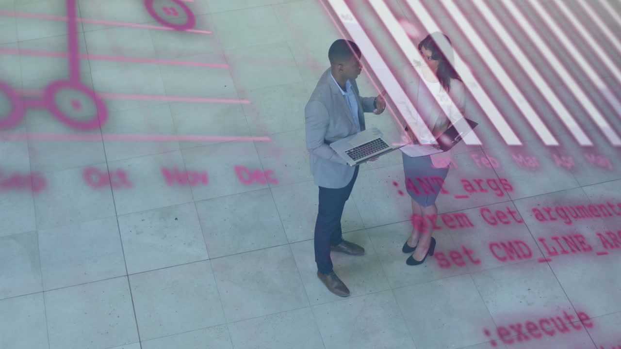 Animation of graph, globe and computer language, diverse coworkers discussing reports on laptop