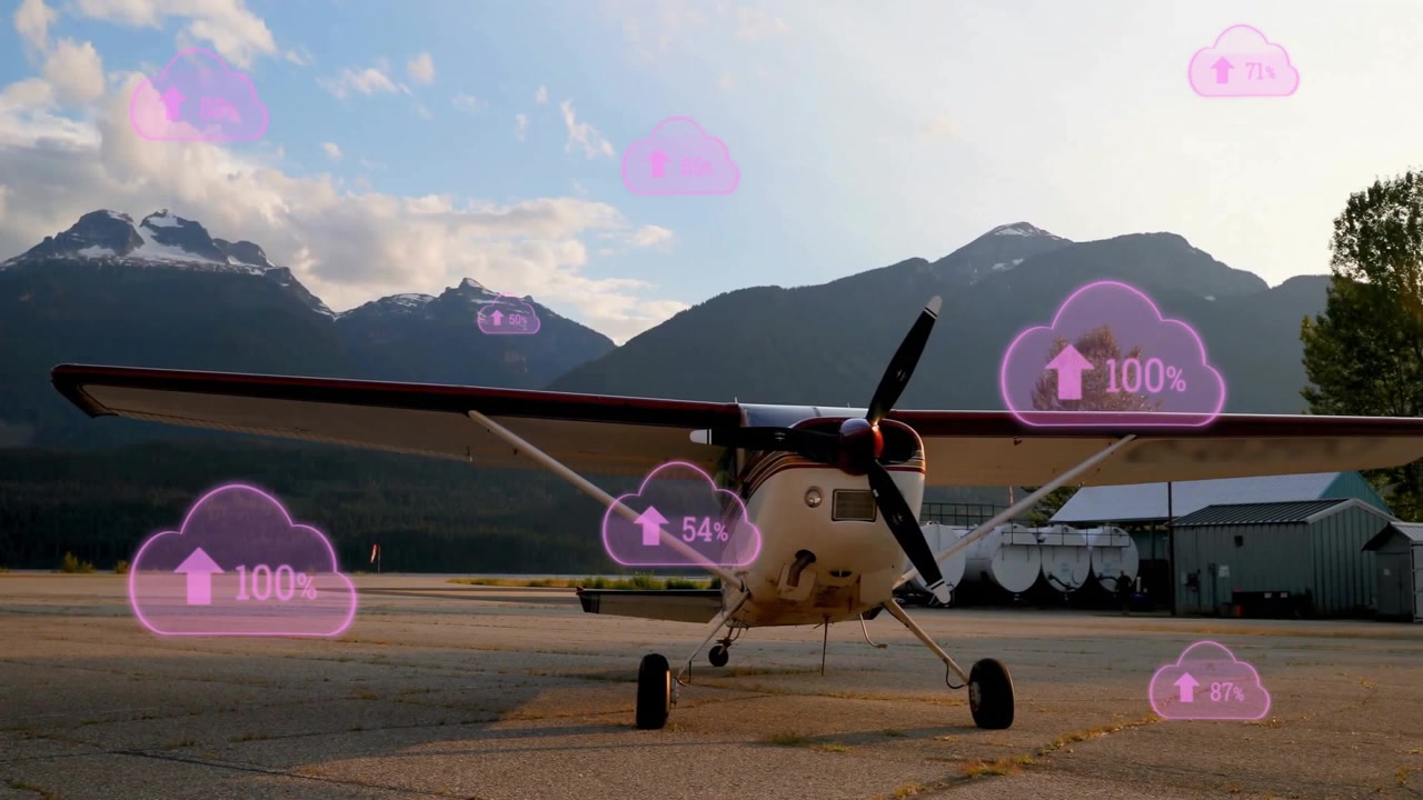 After beat, plane on tarmac receiving animated cloud icons with rising percentages for data upload
