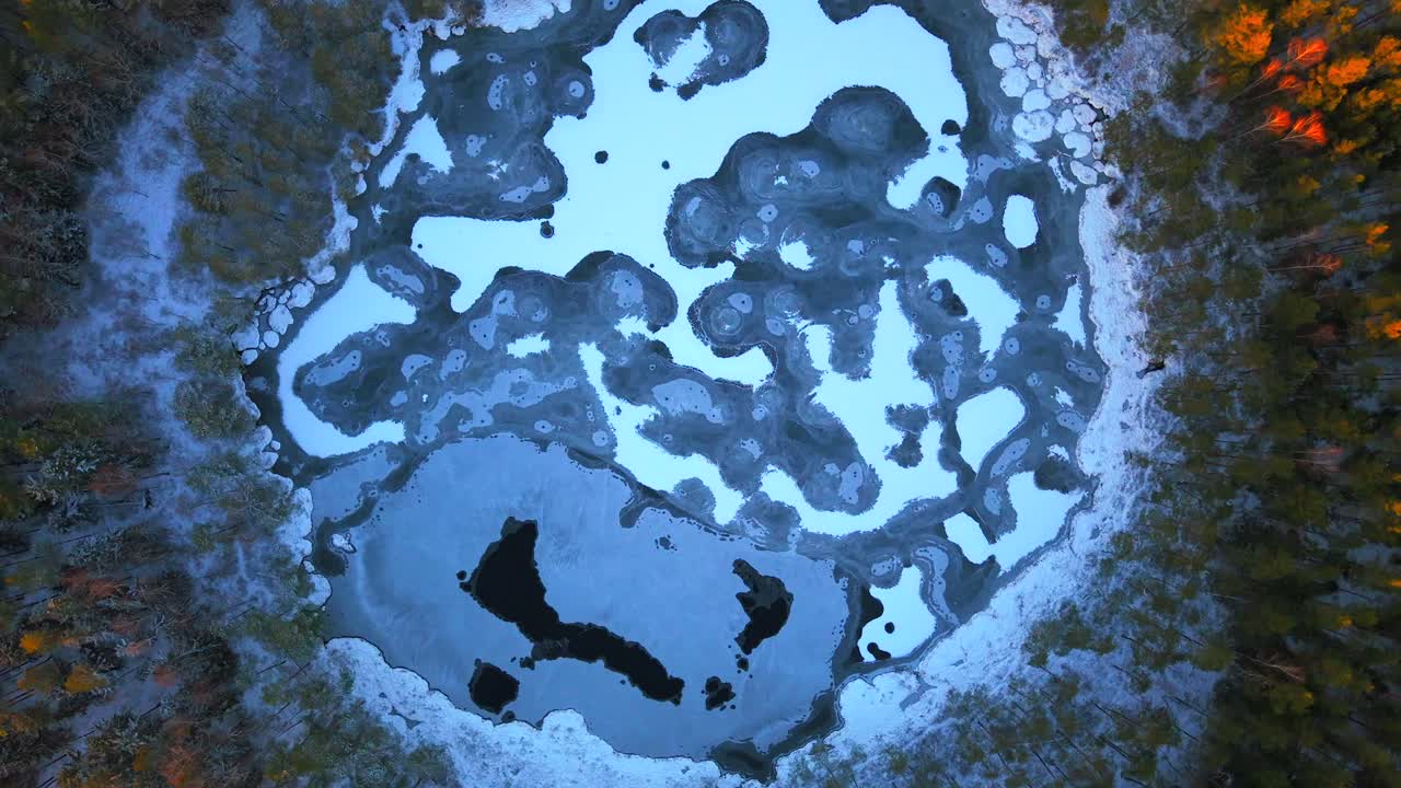 Frozen pond in the forest surrounded by trees, captured by drone during winter