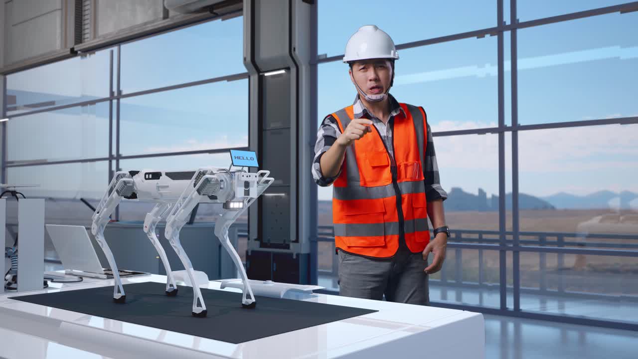 ingeniero inspeccionando un perro robótico en una fábrica