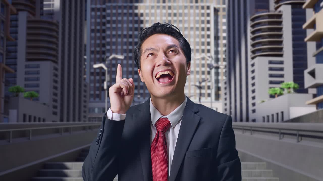 아시아의 사업가 한 명이 무언가에 대해 생각하고 주변을 둘러보며 도시에서 서 있는 동안 지표손가락을 들어 올립니다.