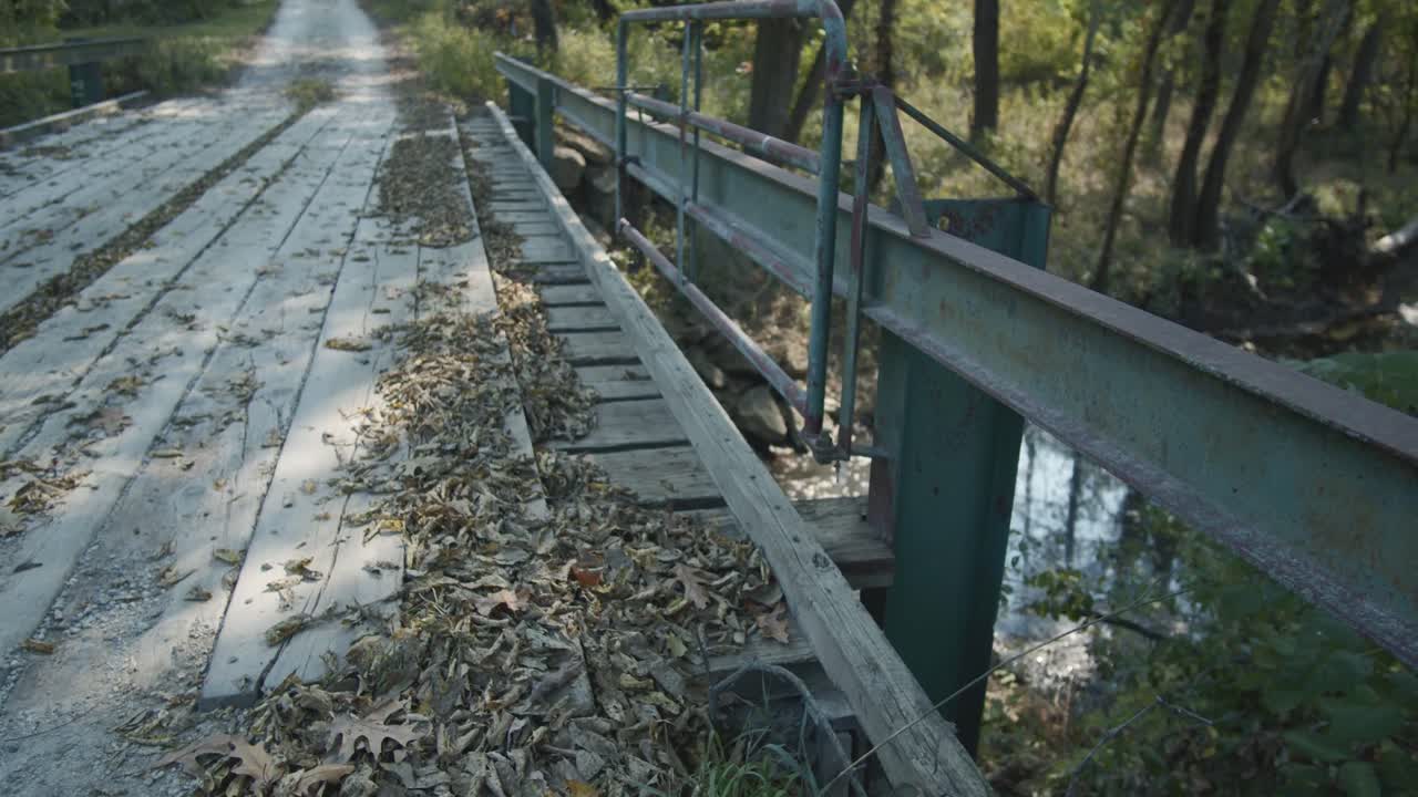 Strolling across a weathered, rustic bridge, enveloped by lush greenery and dense forests in Kansas, USA, evoking the beauty and serenity of untouched nature.