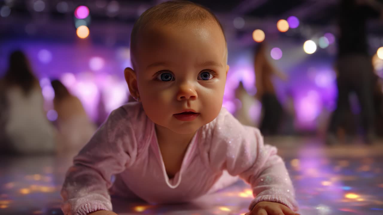 Sjarmerende baby som krabber på et fargerikt dansegulv omgitt av mennesker i en livlig atmosfære med uskarpe bakgrunnslys og gledesfylt energi fanget på kamera