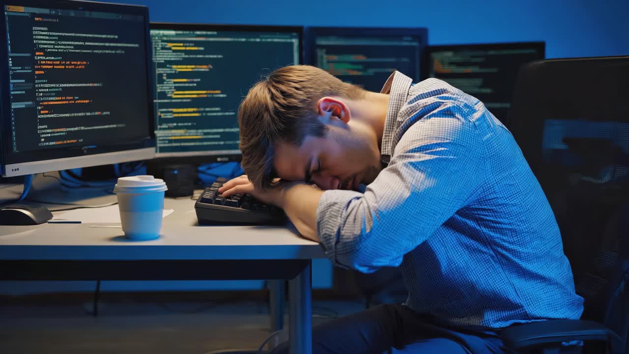 Exhausted programmer resting head on keyboard, drowsing amid glowing computer screens during late night coding session in dimly lit office workspace