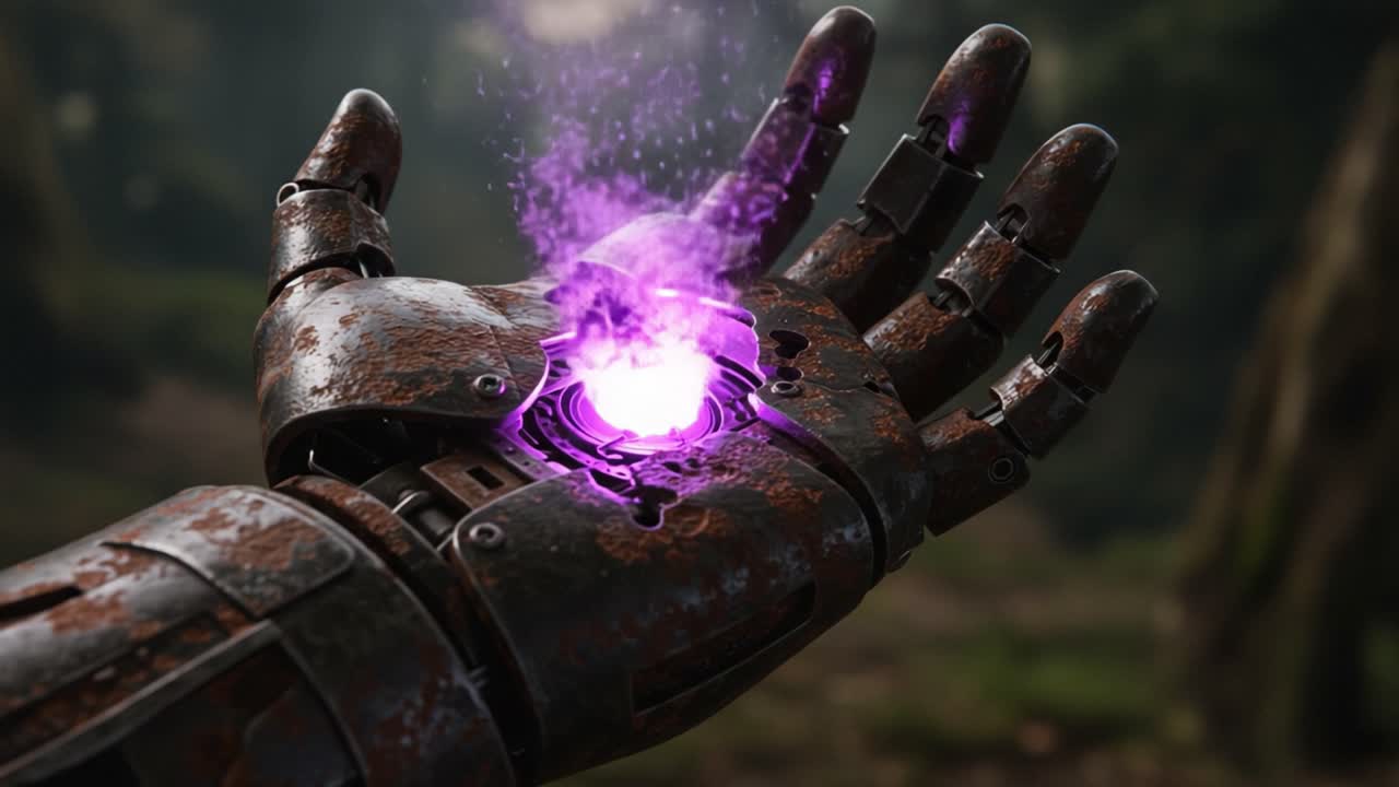 A Rusty Robotic Hand Channeling Mystical Energy: The Enigmatic Glow of Power Unleashed in a Futuristic Forest Setting