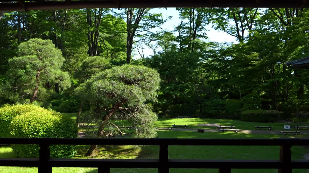 シルエットになった窓から見た、日本庭園へ歩み寄る様子。