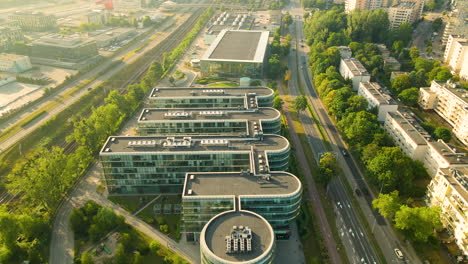 pstp gdynia buildings - aerial fly over pomeranian science and technology park gdynia - the largest hub of organizations operating at the junction of business, science and technology in poland