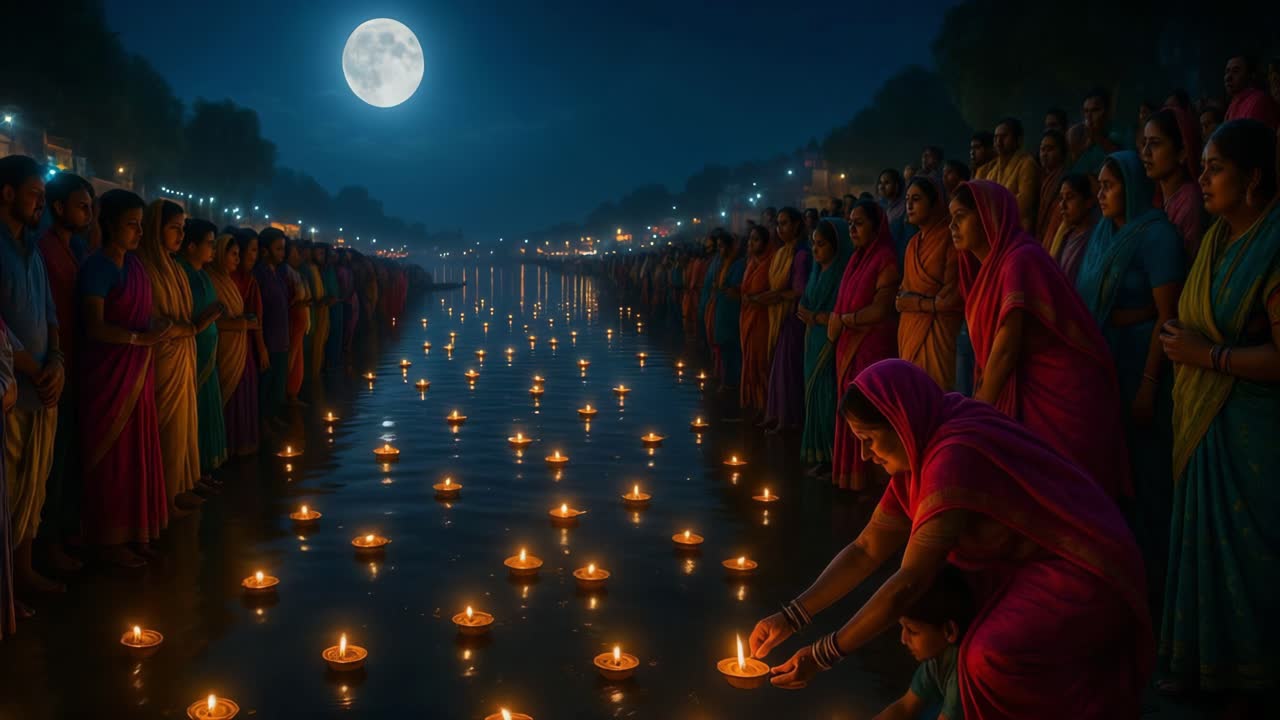 Women in vibrant saris gather by the river, lighting candles that float on the water, creating a tranquil scene illuminated by the full moon, showcasing cultural celebration and togetherness