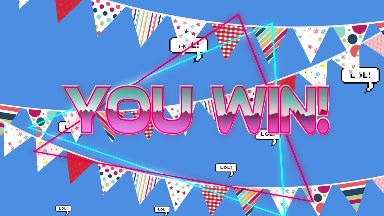Animation of you win text over garlands on blue background