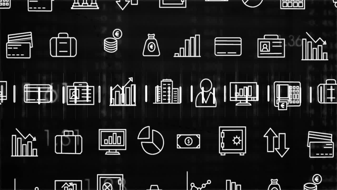 Animazione di icone finanziarie ed elaborazione dati su sfondo nero