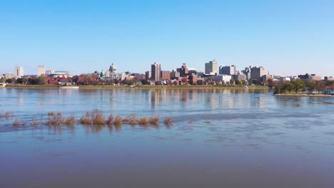 Good-drone-aerial-establishing-shot-of-Pennsylvania-capital-Harrisburg-and-the-Susquehanna-River-foreground-1