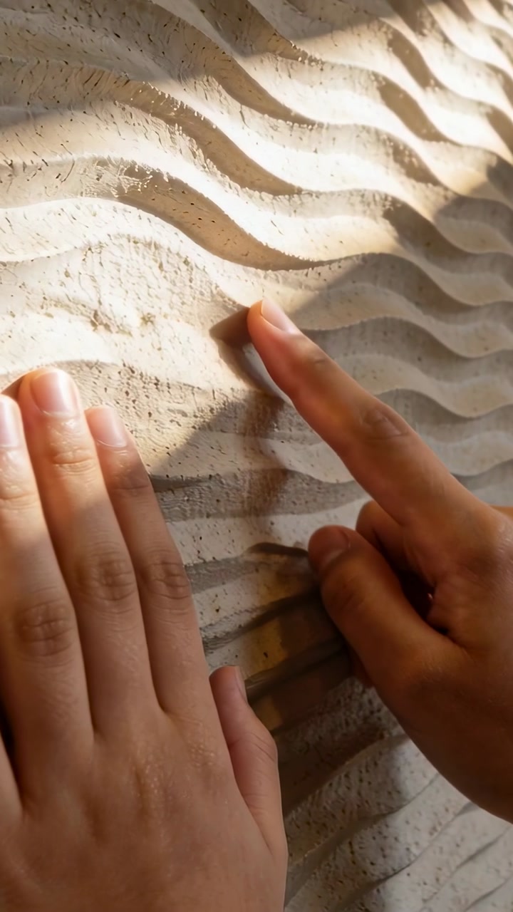 Person's hands placing left palm, right index finger tracing wavy ridges for design testing
