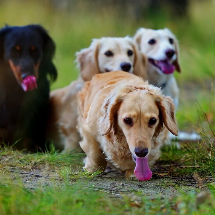 Domestic dogs in nature. Beautiful dachshund dogs rest on grass in summer time. Portrait of pet dogs of different colors with sticking out tongues outdoors. Close-up.