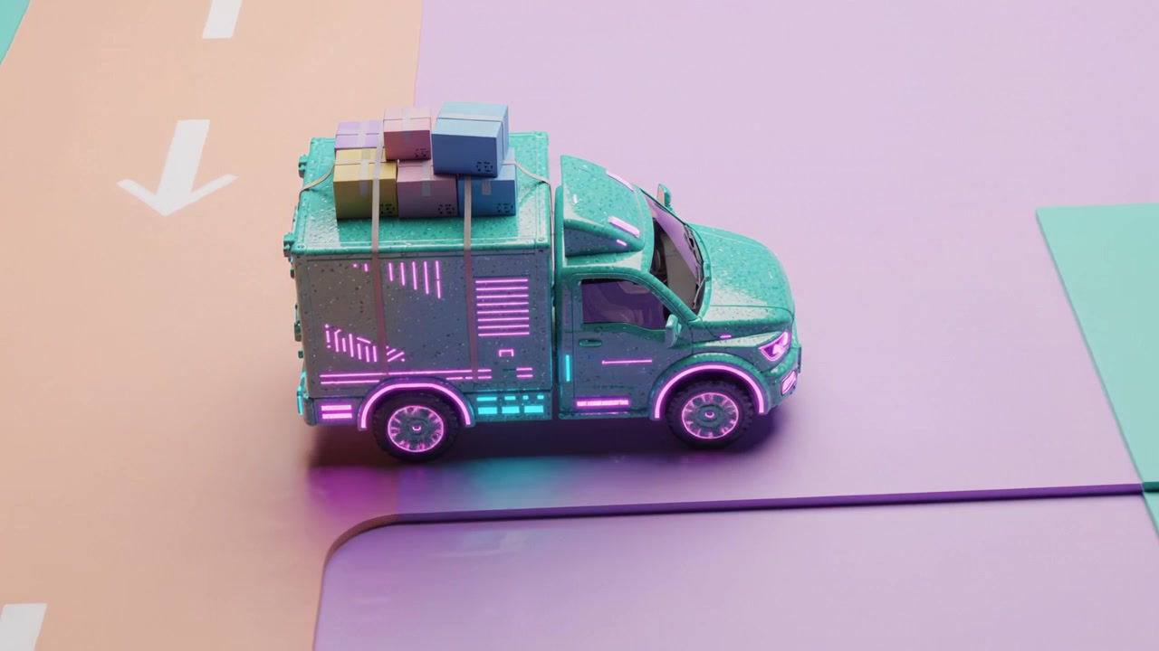 Vivace camioncino giocattolo per consegne su un incrocio colorato: una scena giocosa con un veicolo verde circondato da pacchi colorati pronti per l'avventura