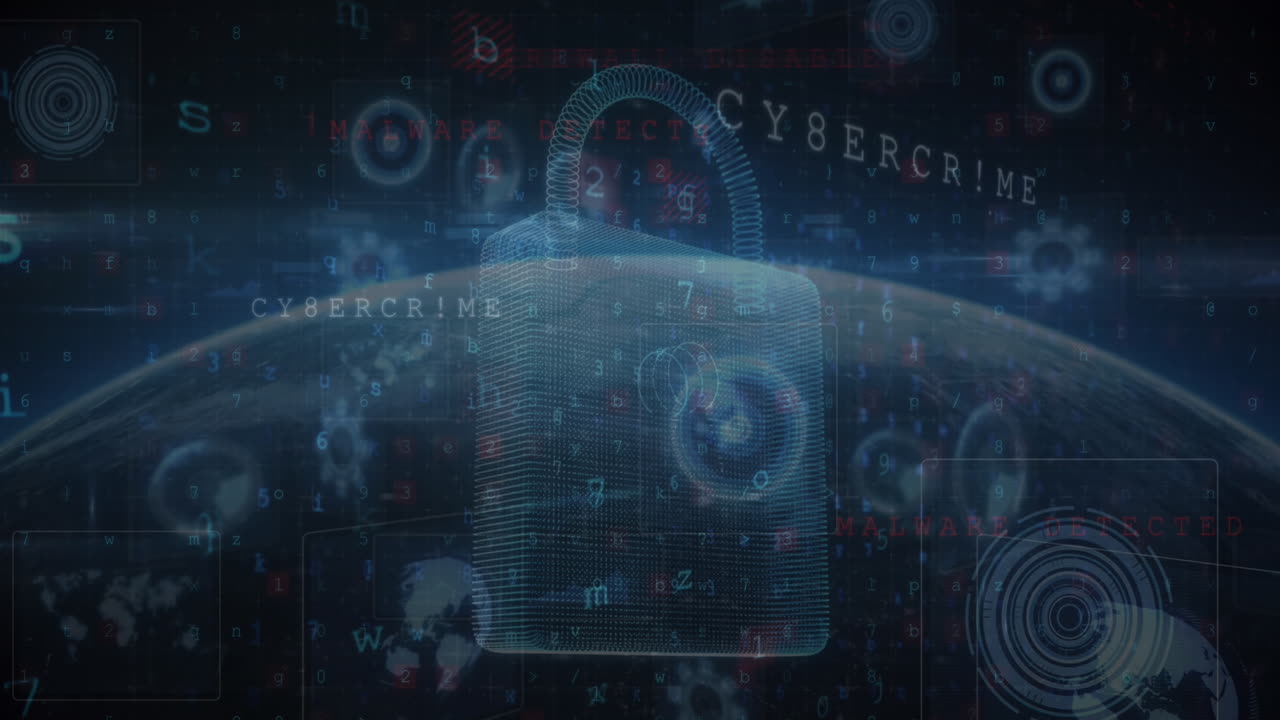 animación de escaneo de alcance con icono de candado y procesamiento de datos en todo el mundo