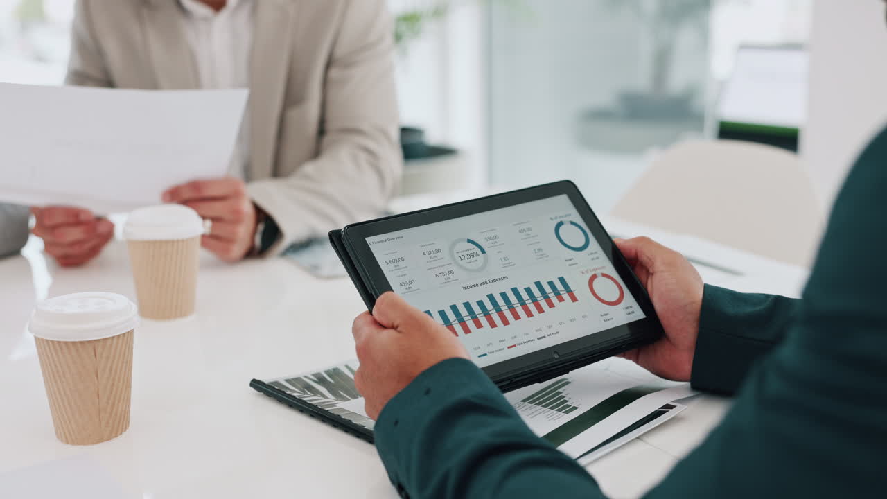 Business people, tablet and hands in data