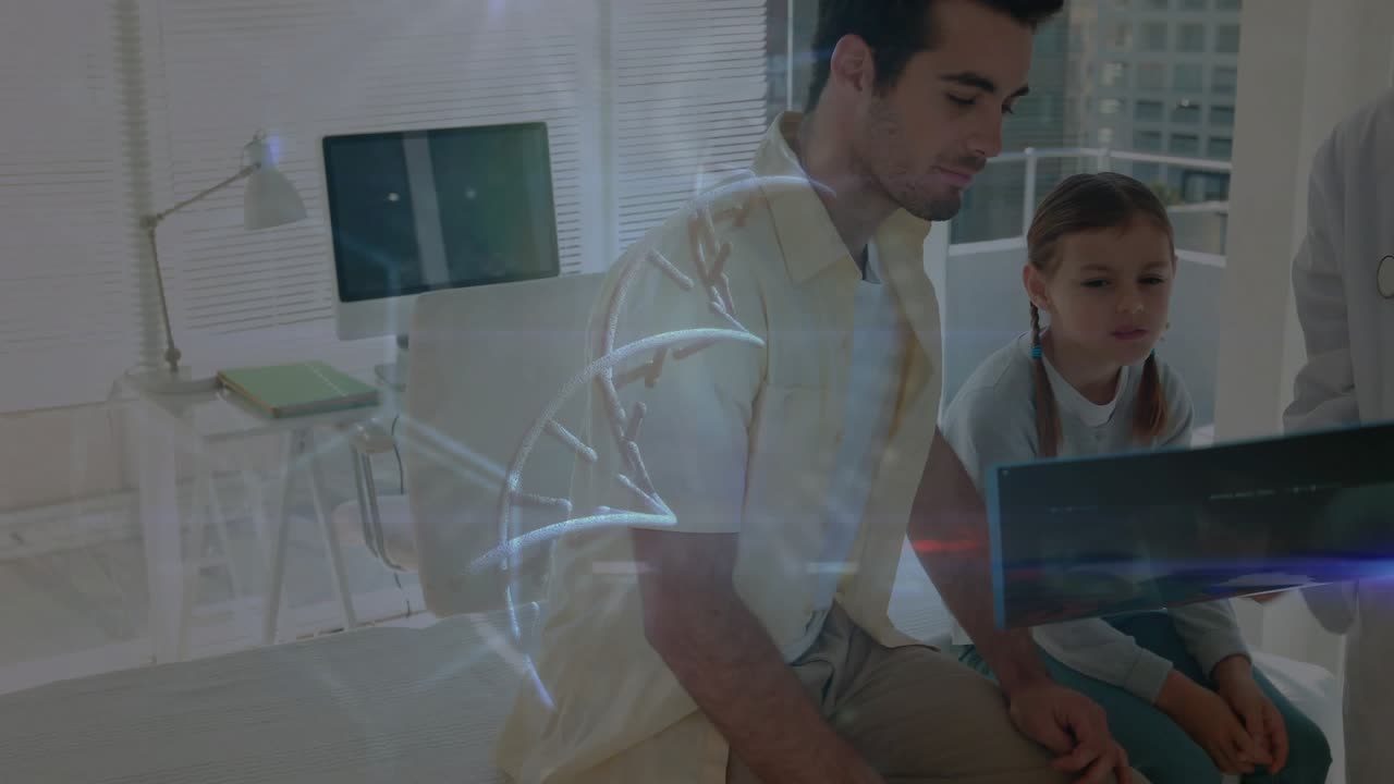 Dr pointing at scan starting blue helix showing INNOCENT father and child examining for diagnosis