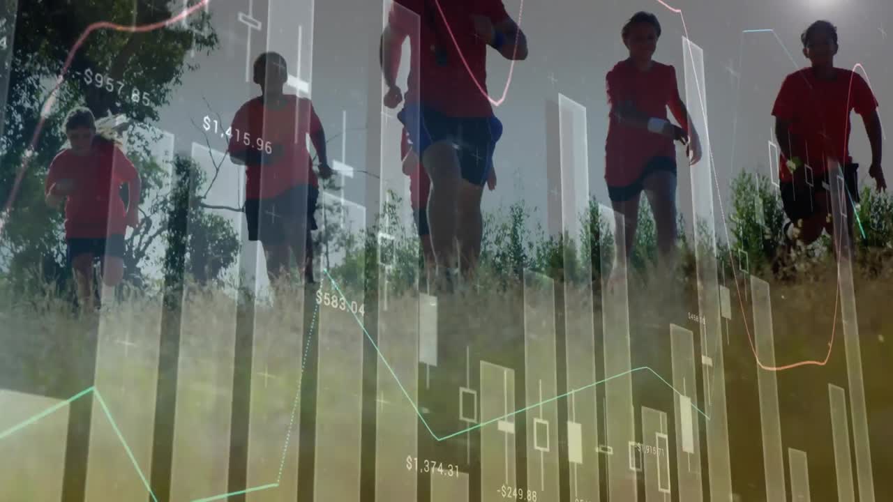 animación del procesamiento de datos sobre un grupo de niños corriendo