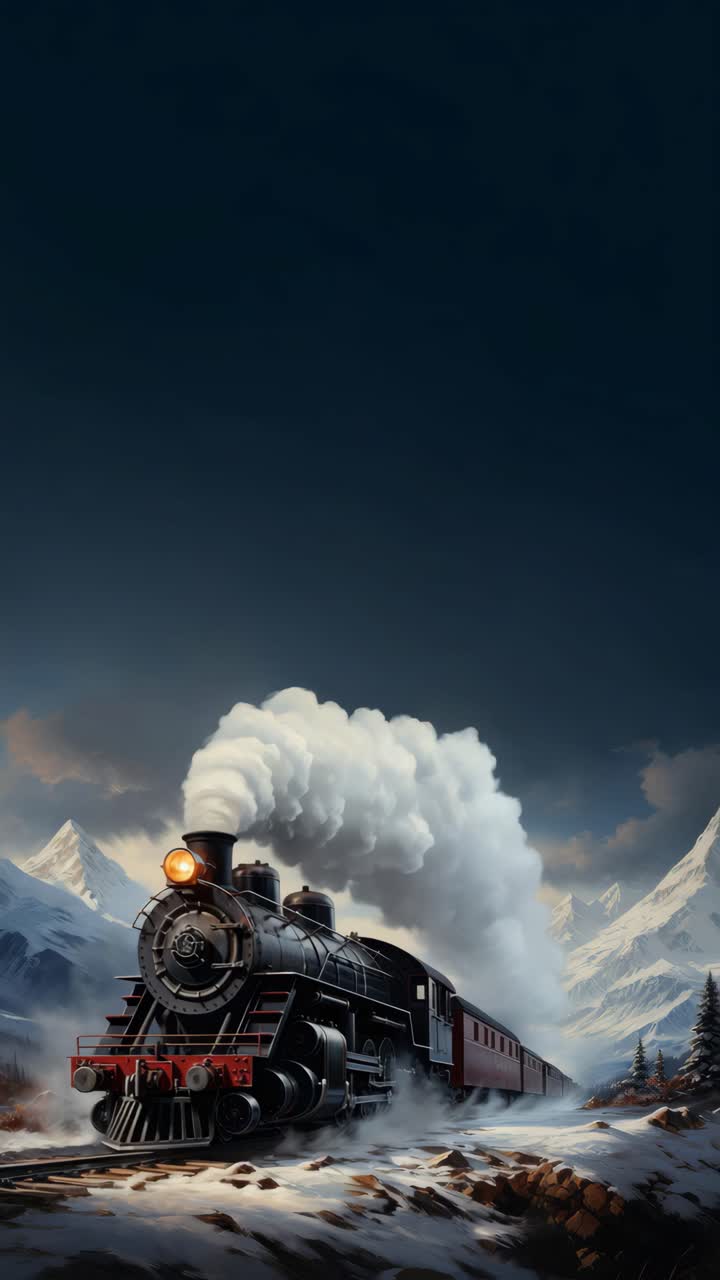 A vintage steam train travels through snowy mountains, captured from a low-angle view