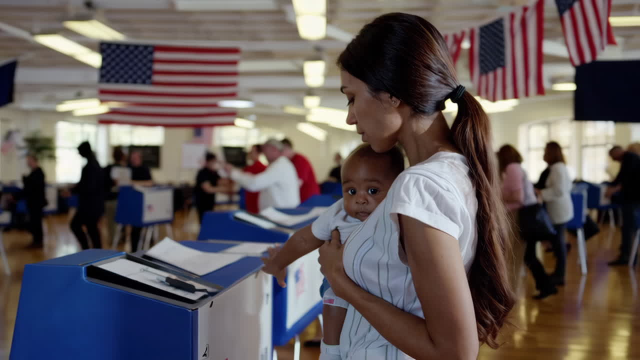Mother and baby casting a vote at a polling station