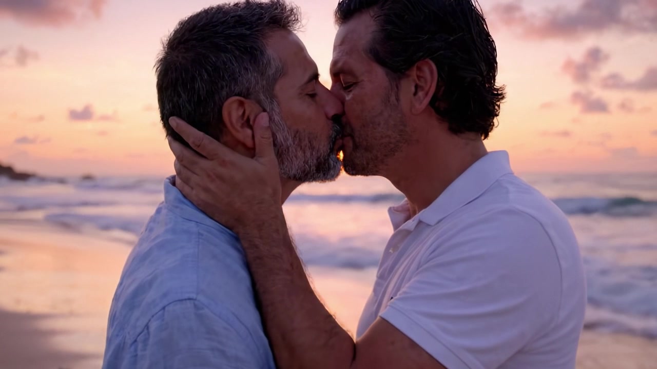 Connessione intima al tramonto: Un momento romantico tra due partner sulla spiaggia, circondati dall'orizzonte luminoso e da onde delicate, perfettamente catturato nel tempo.
