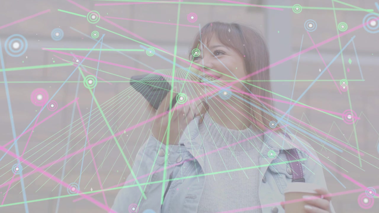 Commuter woman making call on phone and initiating AR overlay while checking coffee cup