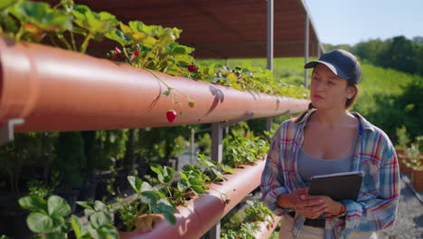 woman farmer inspecting hydroponic strawberry plants