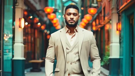 a man in a beige suit standing in an alleyway at night