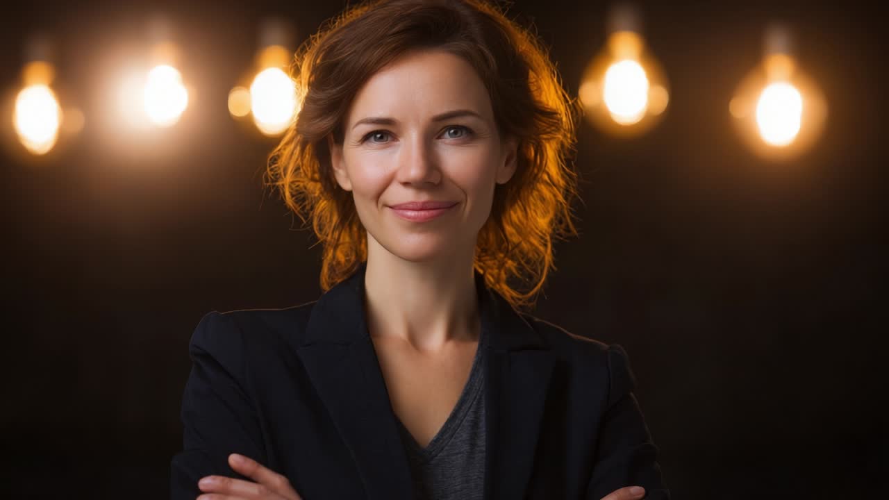 Confident Woman in Suit with Warm Smile in Front of Softly Glowing Lights Showcasing Professionalism and Charisma, Captured in a Studio Setting with a Dark Background and Focusing on the Subject's Engaging Presence