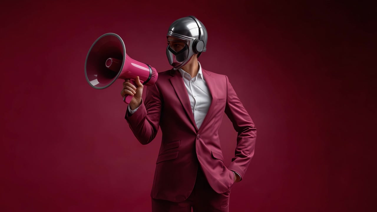 Una figura sicura di sé in un elegante abito color bordeaux, che indossa una maschera protettiva e un casco, tiene in mano un megafono rosa vibrante su uno sfondo rosso intenso, pronta a comunicare