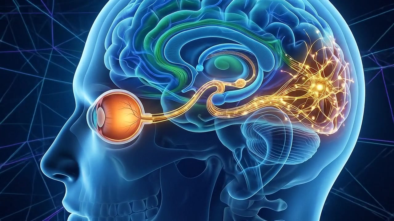 Digital Head Profile Model Highlighting Eye Optical Nerve and Brain Paths