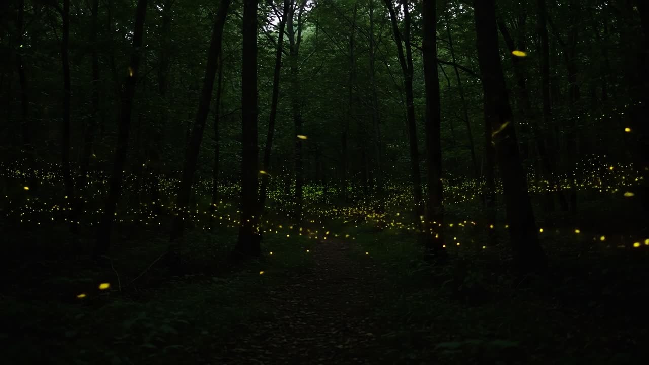 A Magical Display of Luminescent Fireflies in a Dense Forest, Illuminating the Dark Path with Gentle Yellow Glows, Creating a Dreamlike Atmosphere at Dusk