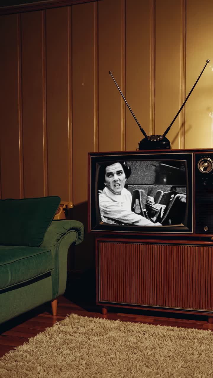 Retro living room with vintage TV on wooden stand, green sofa, and shag carpet