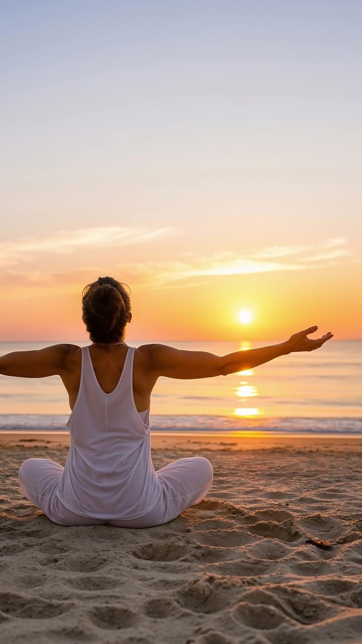 Mujer practicando meditación y abriendo los brazos en una playa tranquila durante el amanecer.