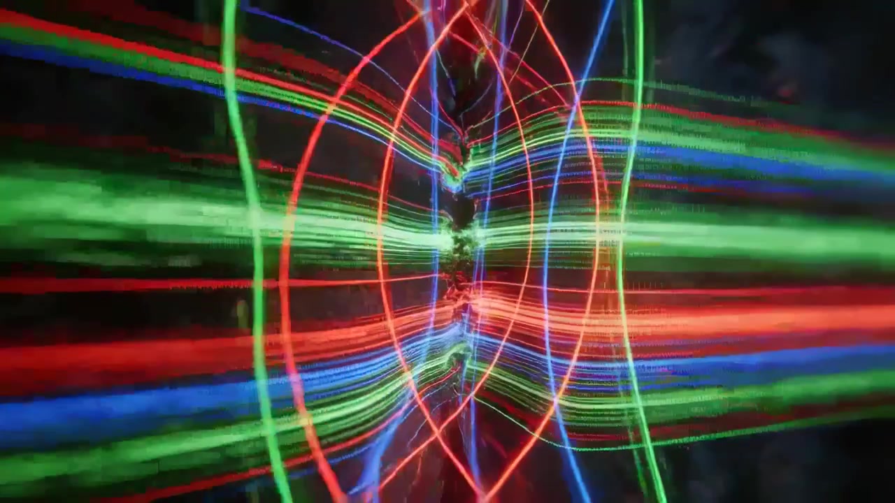 Flydende RGB-bånd bevæger sig på en fokuserende kerne i et energifelt, der danner et rødt gitter og skaber blå strømme.