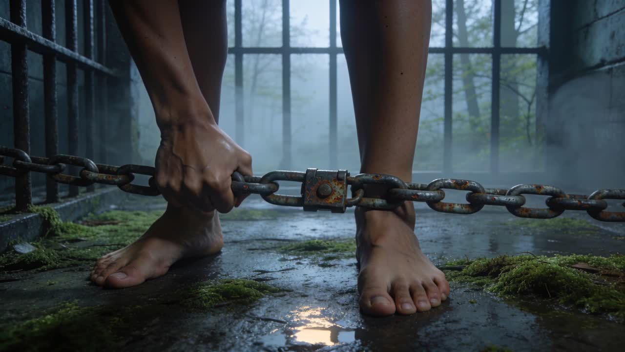 Gripping barefoot woman pulling chain after finding locked padlock in damp cell, trying to escape