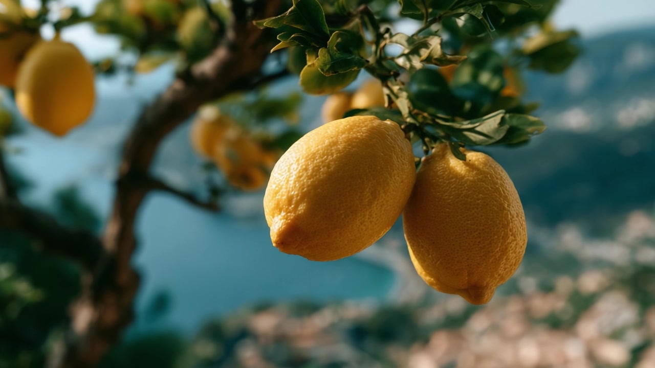 Vista ravvicinata di limoni freschi appesi a un albero su uno sfondo di natura scenografica e uno specchio d'acqua sereno in lontananza.