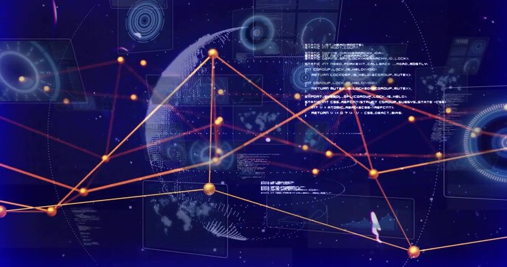 Ved dataopdatering roterer en prikket 3D-globus og et orange knudenet, der omformes for at visualisere netværksdata.
