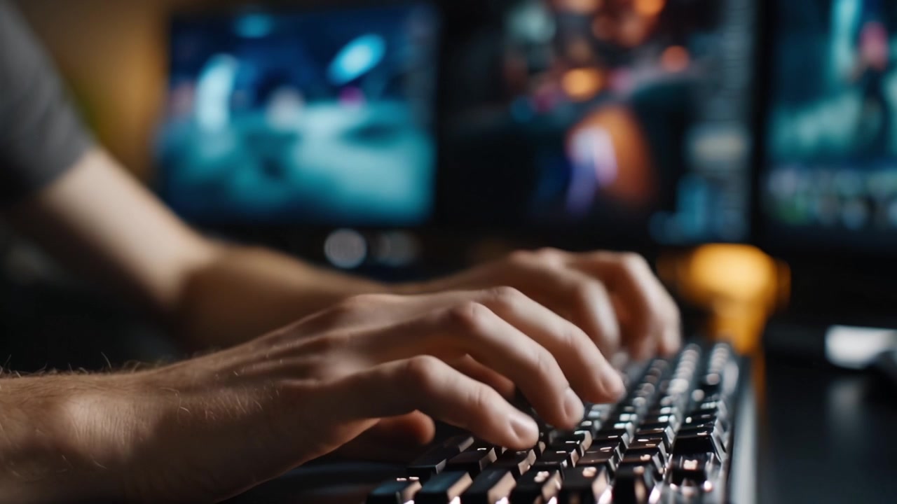 Focused Engagement in Digital Realm: A Person Typing Intently on a Keyboard Surrounded by Multiple Monitors Showcasing Intriguing Graphics and Gameplay Dynamics