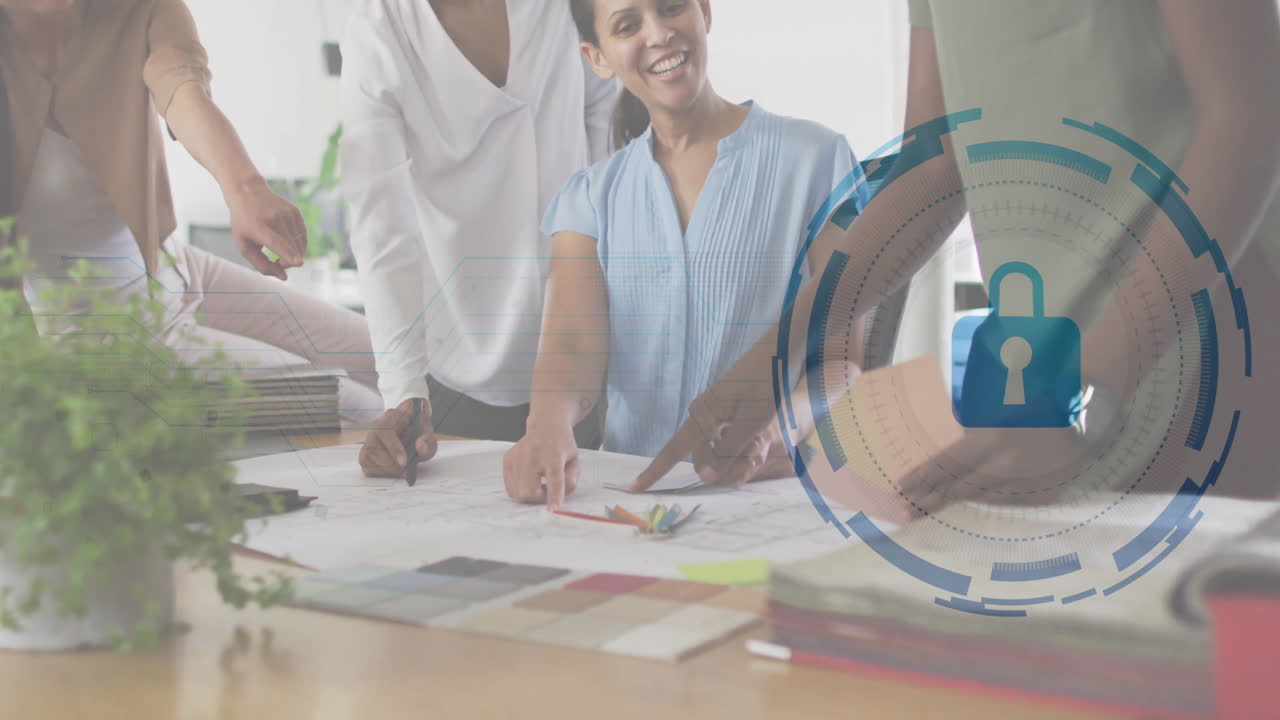 Architecture team leaning over wooden table in office, discussing blueprint with lock icon overlay