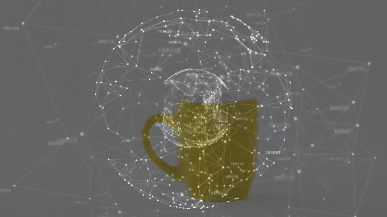 Data globe rotating over yellow coffee mug, showing floating numeric labels in flat design