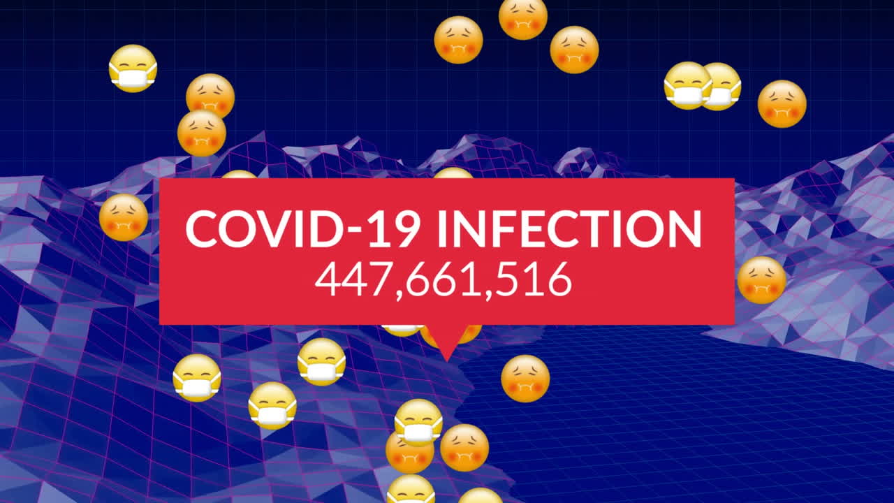 animación del texto de la infección por covid-19 con un número creciente, más de emojis y paisaje de cristal púrpura