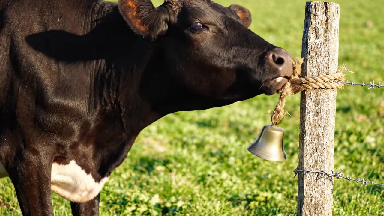 A Curious Cow Approaches a Rustic Bell Hanging on a Wooden Post in Serene Green Pastures, Capturing the Peaceful Essence of Farm Life in Nature.
