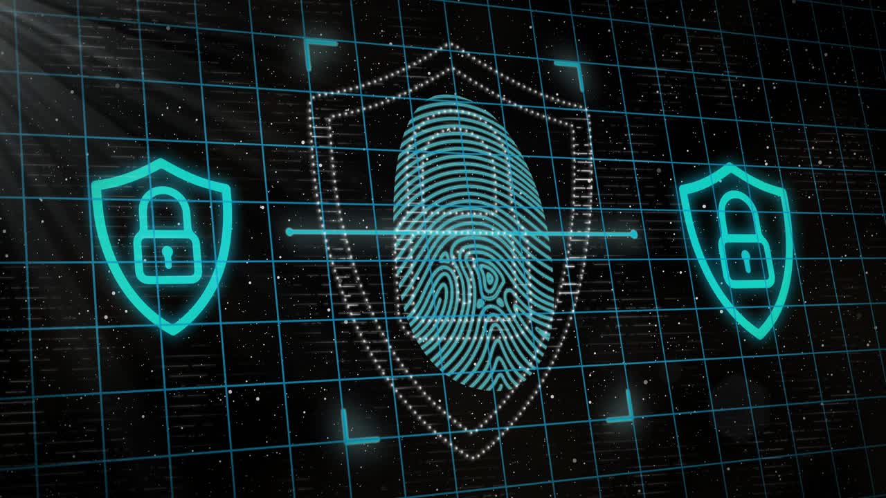 Scan pulse initiating, cyan fingerprint filling, glowing, dotted shield forming, securing access