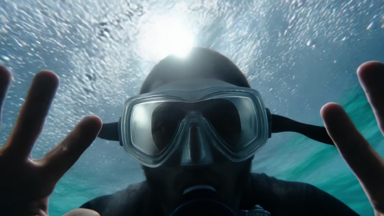 An Underwater Exploration Adventure Featuring a Scuba Diver in a Mask, Battling Bubbles and Reflective Light While Trying to Interact with the Surreal Aquatic Environment with Their Hands Raised