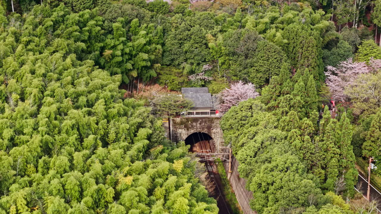 Aerial drone view of a train moving through Arashiyama, Kyoto, Japan in daylight